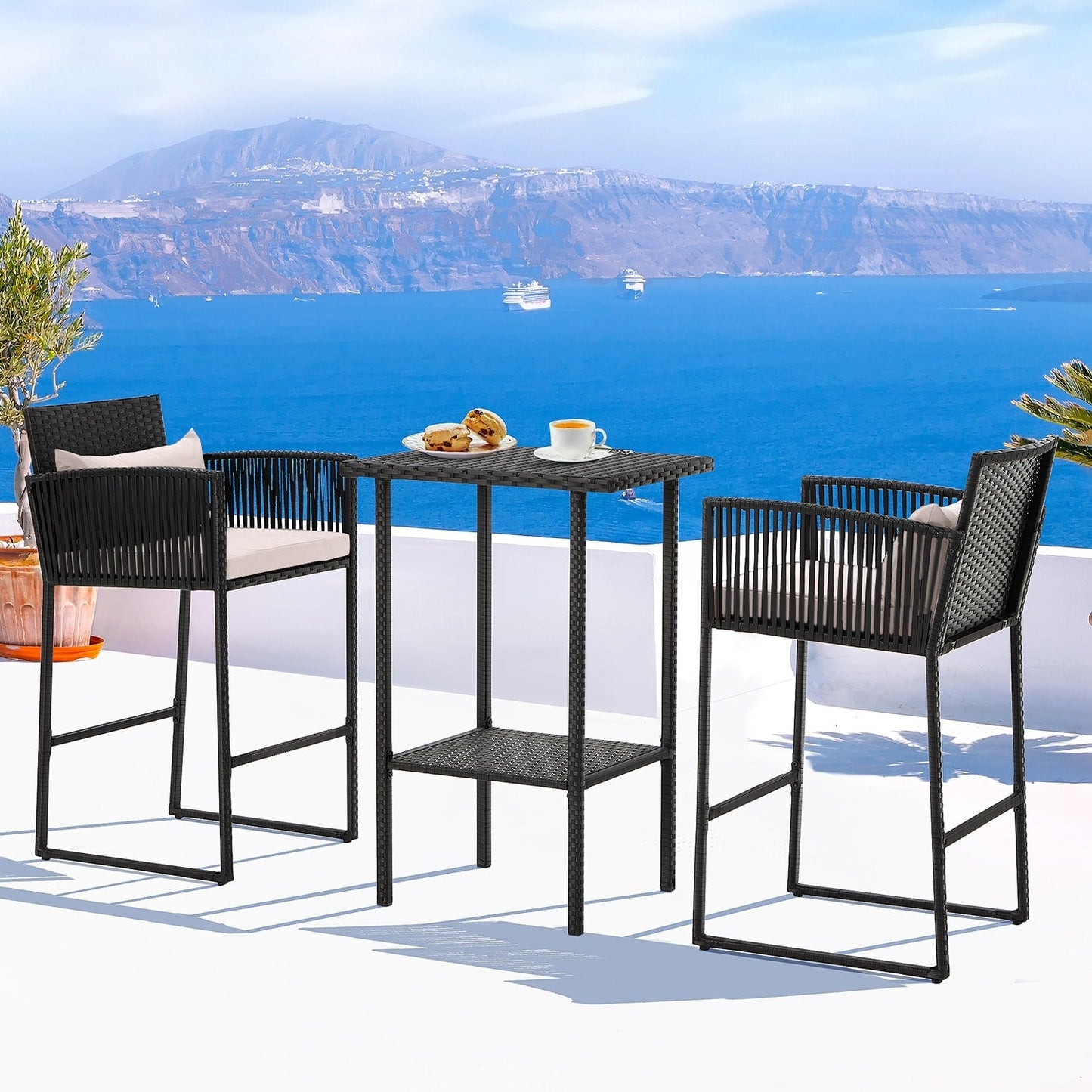 AVAWING Set da bar in vimini per patio da 3 pezzi con fodera per cuscino extra