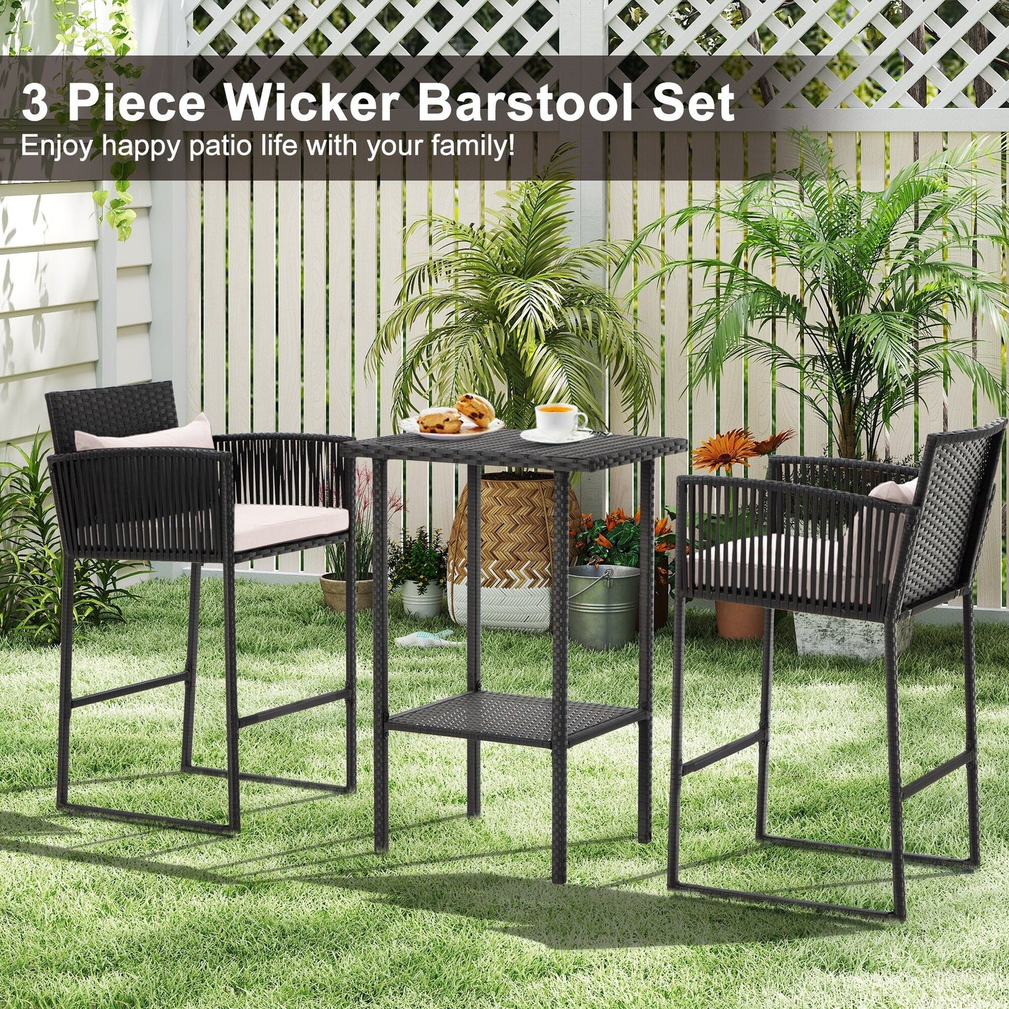 AVAWING Set da bar in vimini per patio da 3 pezzi con fodera per cuscino extra