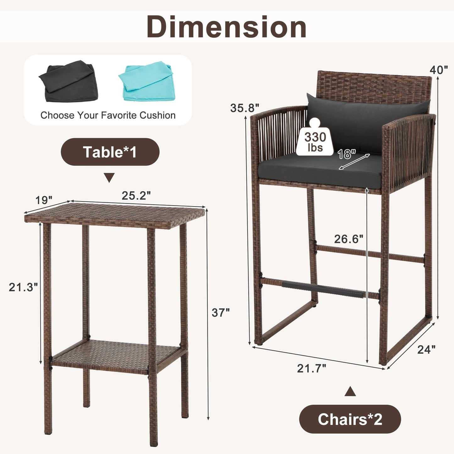 AVAWING Set da bar in vimini per patio da 3 pezzi con fodera per cuscino extra