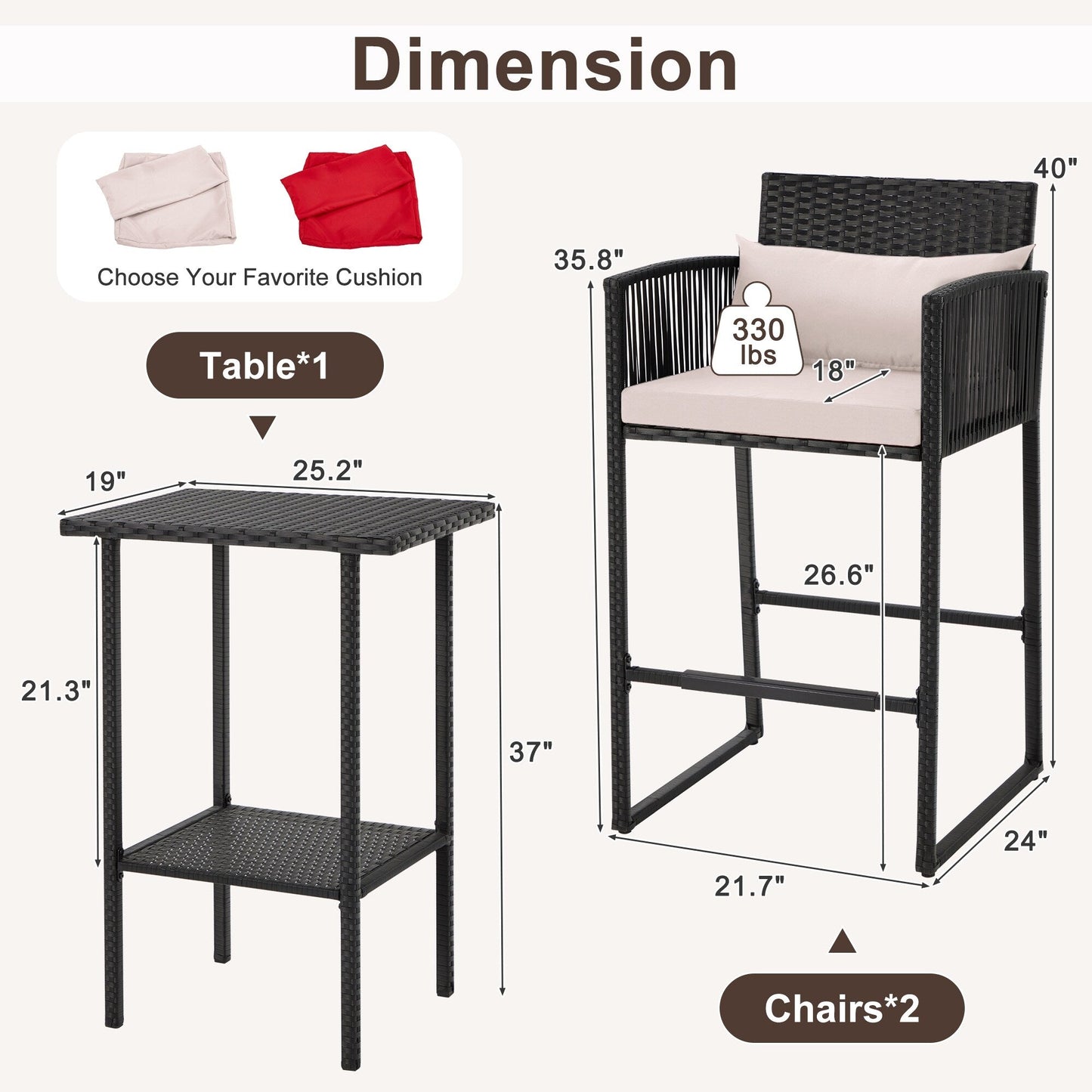 AVAWING Set da bar in vimini per patio da 3 pezzi con fodera per cuscino extra
