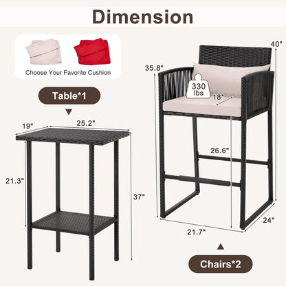 AVAWING Set da bar in vimini per patio da 3 pezzi con fodera per cuscino extra