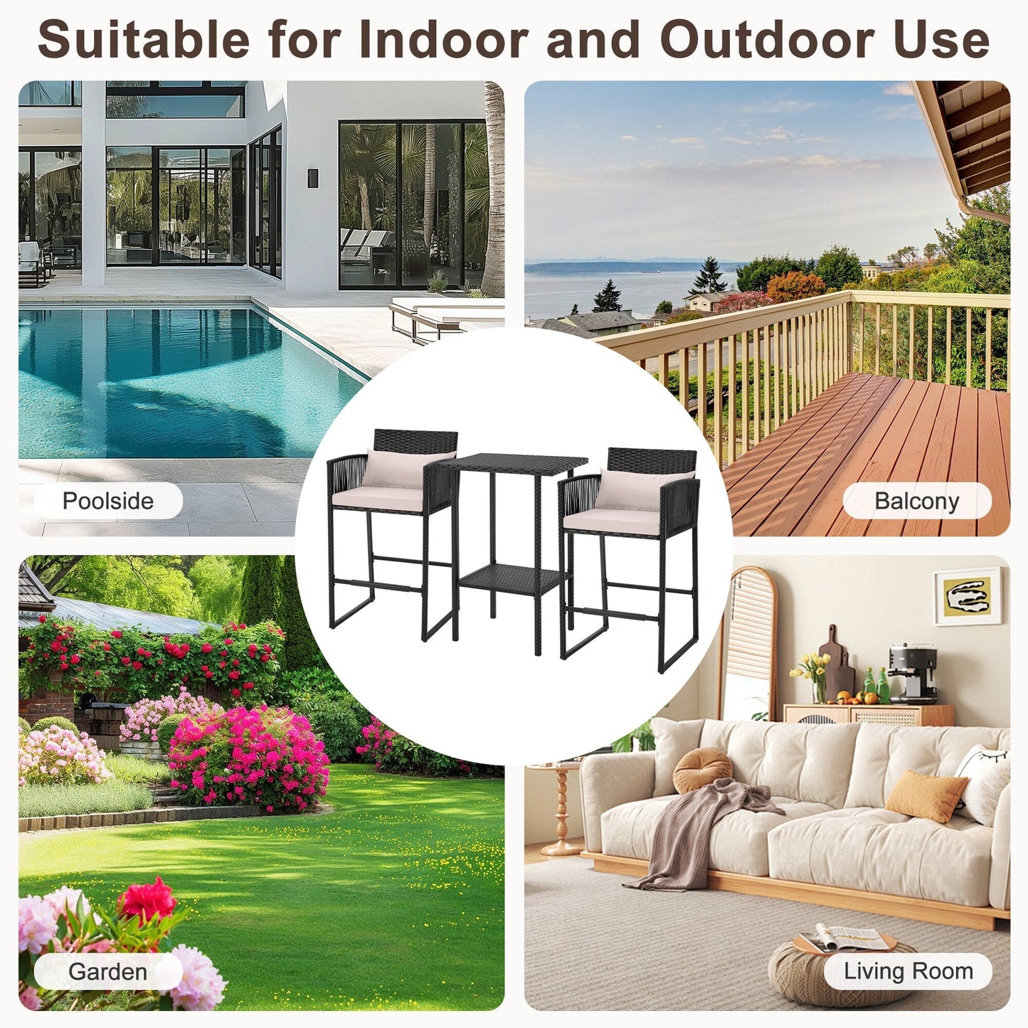 AVAWING Set da bar in vimini per patio da 3 pezzi con fodera per cuscino extra