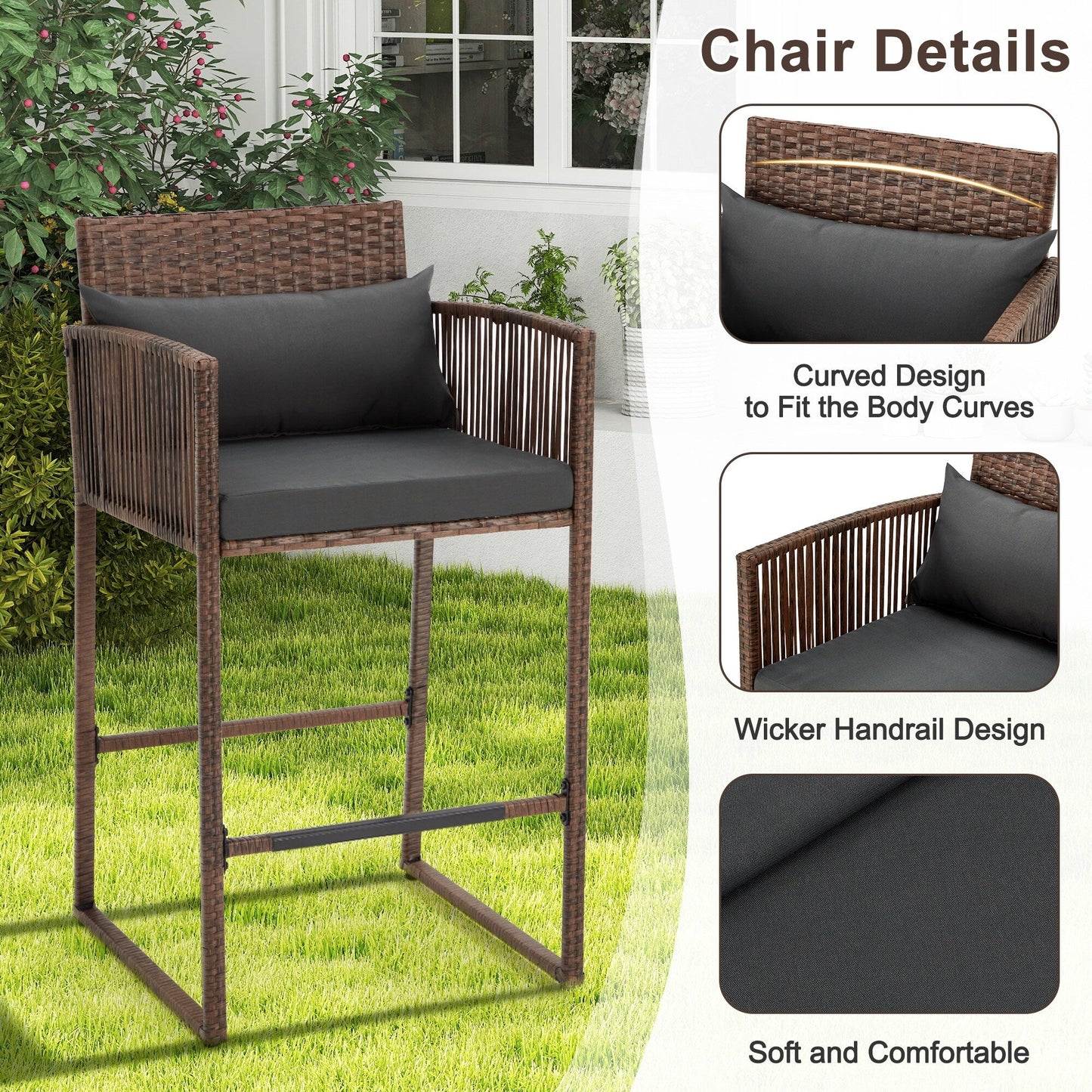 AVAWING Set da bar in vimini per patio da 3 pezzi con fodera per cuscino extra