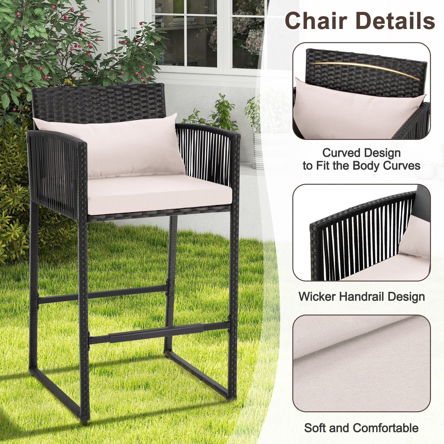AVAWING Set da bar in vimini per patio da 3 pezzi con fodera per cuscino extra