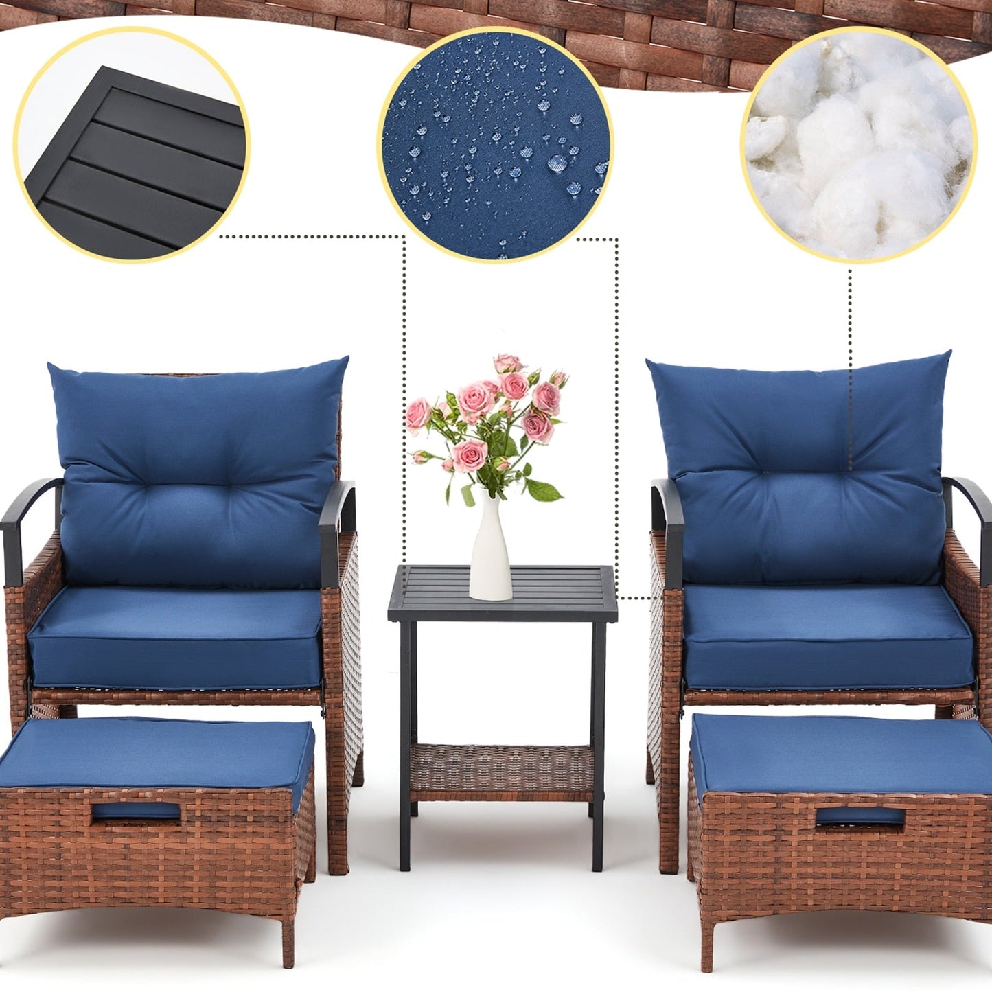 Set di mobili da giardino AVAWING da 5 pezzi, set da conversazione in vimini con tavolino e pouf