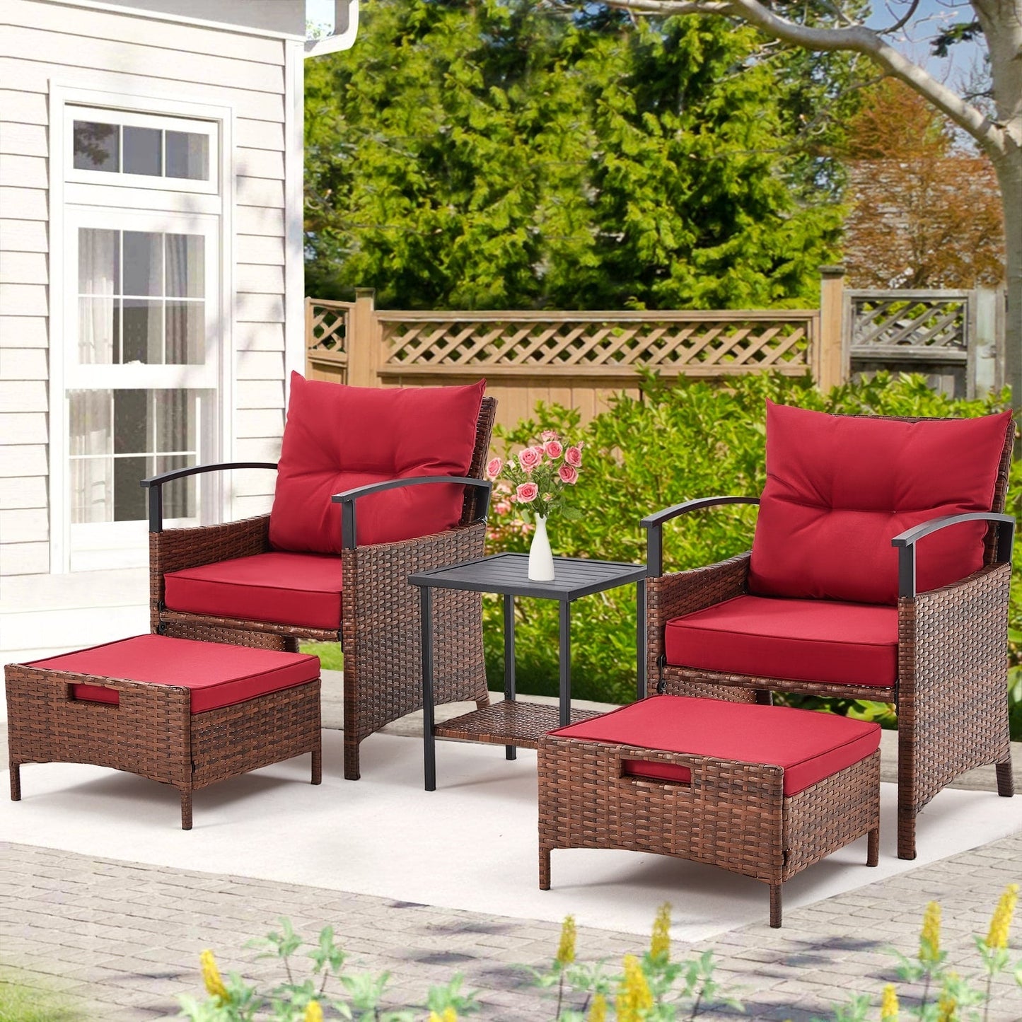 Set di mobili da giardino AVAWING da 5 pezzi, set da conversazione in vimini con tavolino e pouf