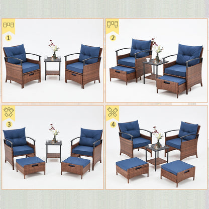 Set di mobili da giardino AVAWING da 5 pezzi, set da conversazione in vimini con tavolino e pouf