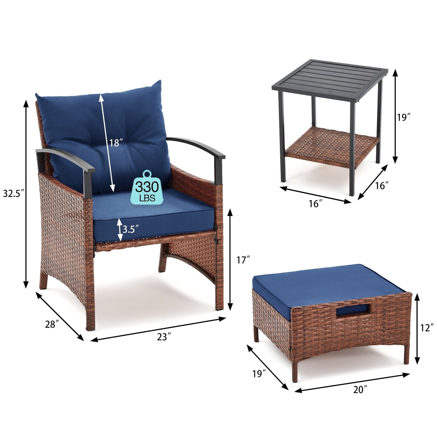 Set di mobili da giardino AVAWING da 5 pezzi, set da conversazione in vimini con tavolino e pouf
