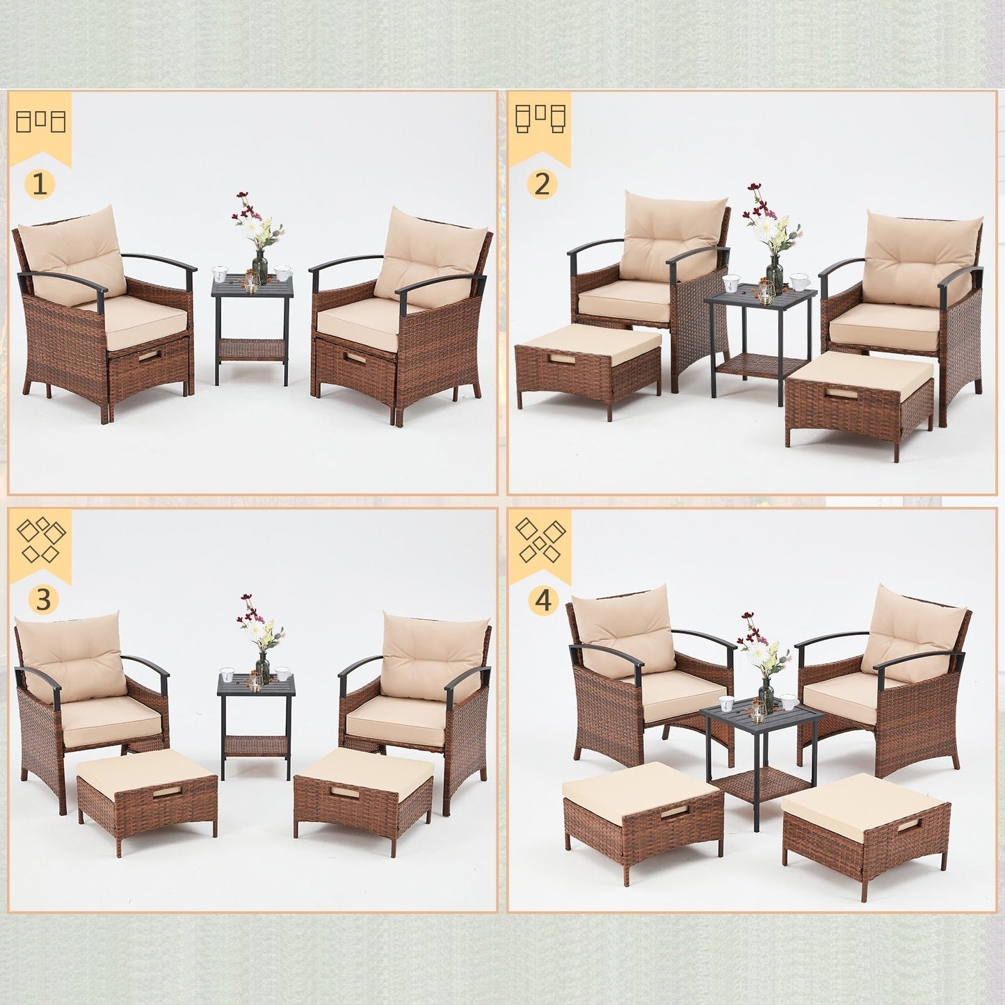 Set di mobili da giardino AVAWING da 5 pezzi, set da conversazione in vimini con tavolino e pouf