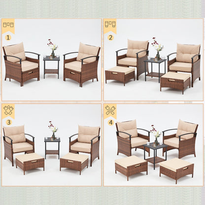 Set di mobili da giardino AVAWING da 5 pezzi, set da conversazione in vimini con tavolino e pouf