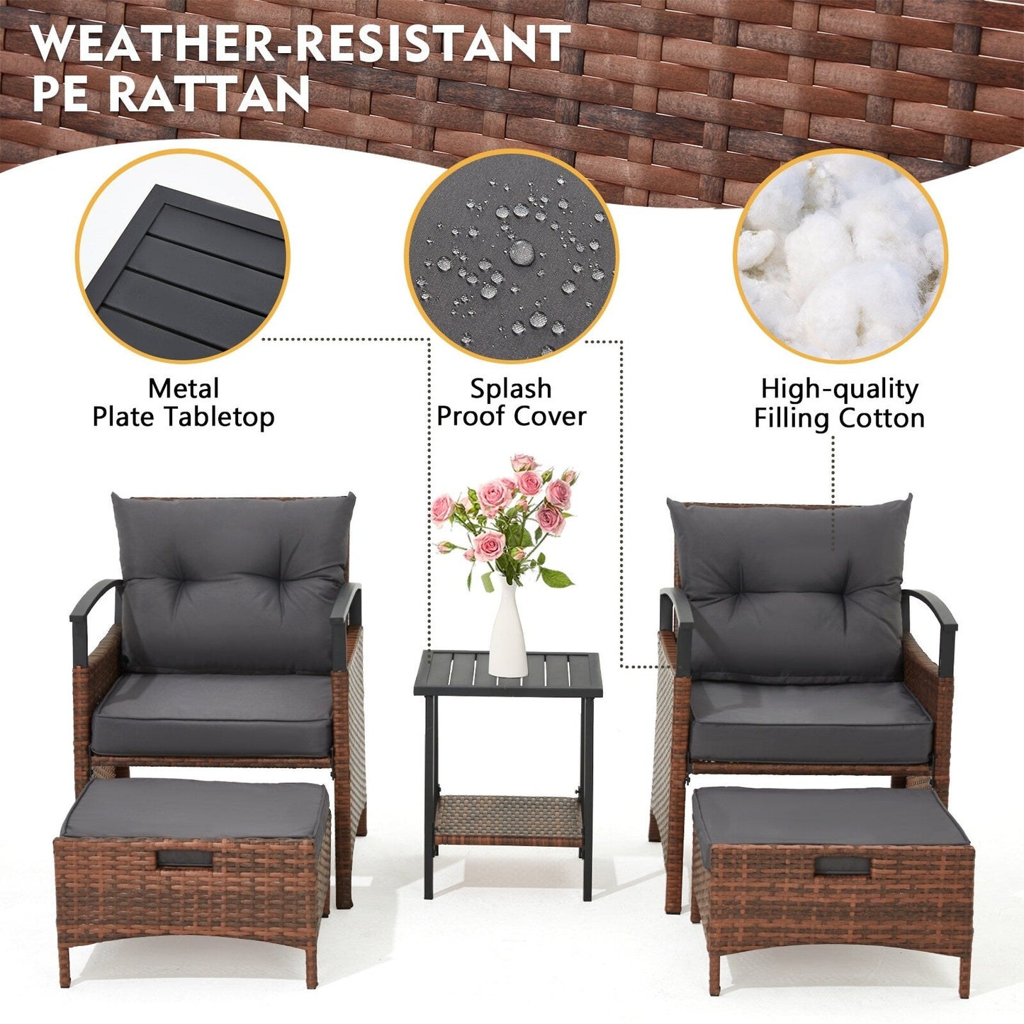 Set di mobili da giardino AVAWING da 5 pezzi, set da conversazione in vimini con tavolino e pouf