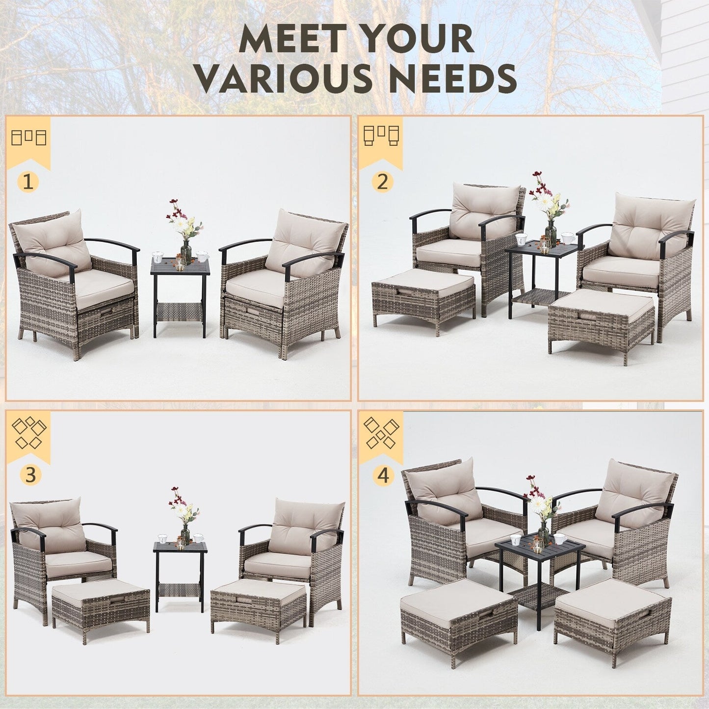 Set di mobili da giardino AVAWING da 5 pezzi, set da conversazione in vimini con tavolino e pouf