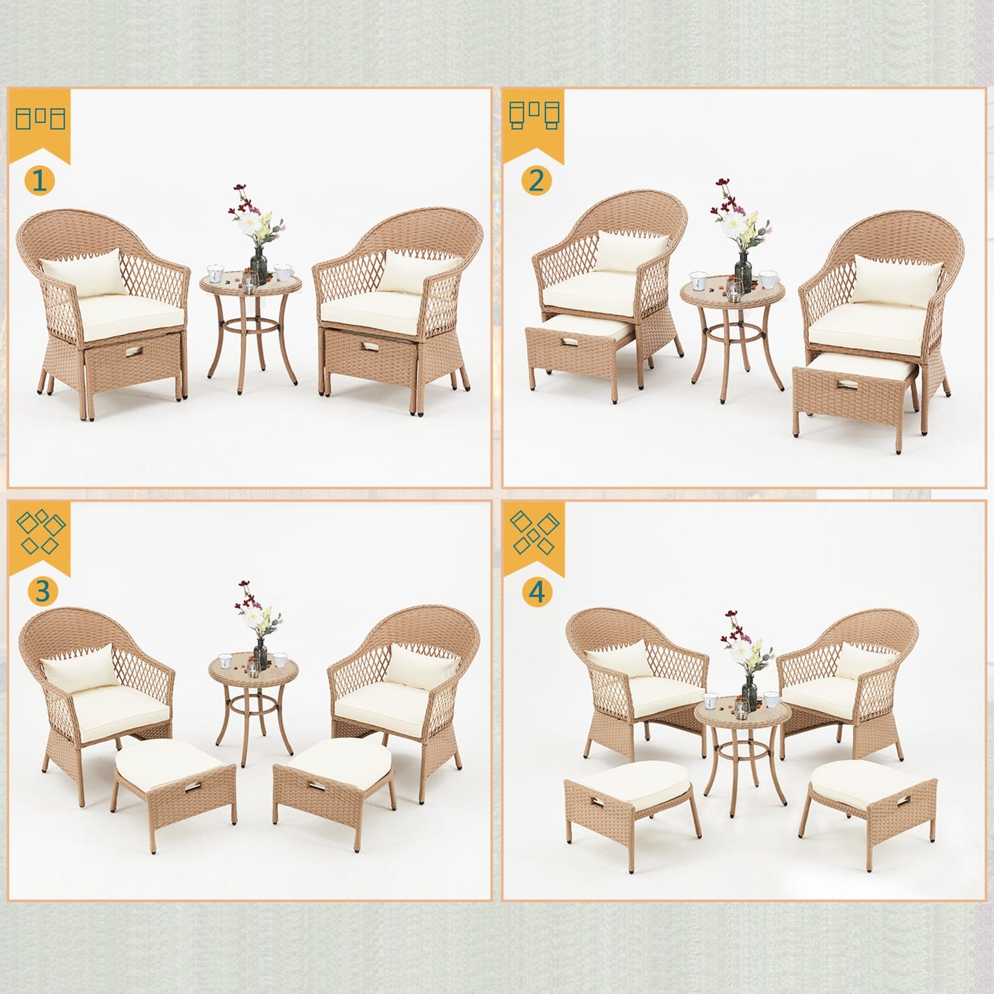 AVAWING Set di mobili da giardino da 5 pezzi, sedie da esterno in rattan, set da bistrot da conversazione in vimini