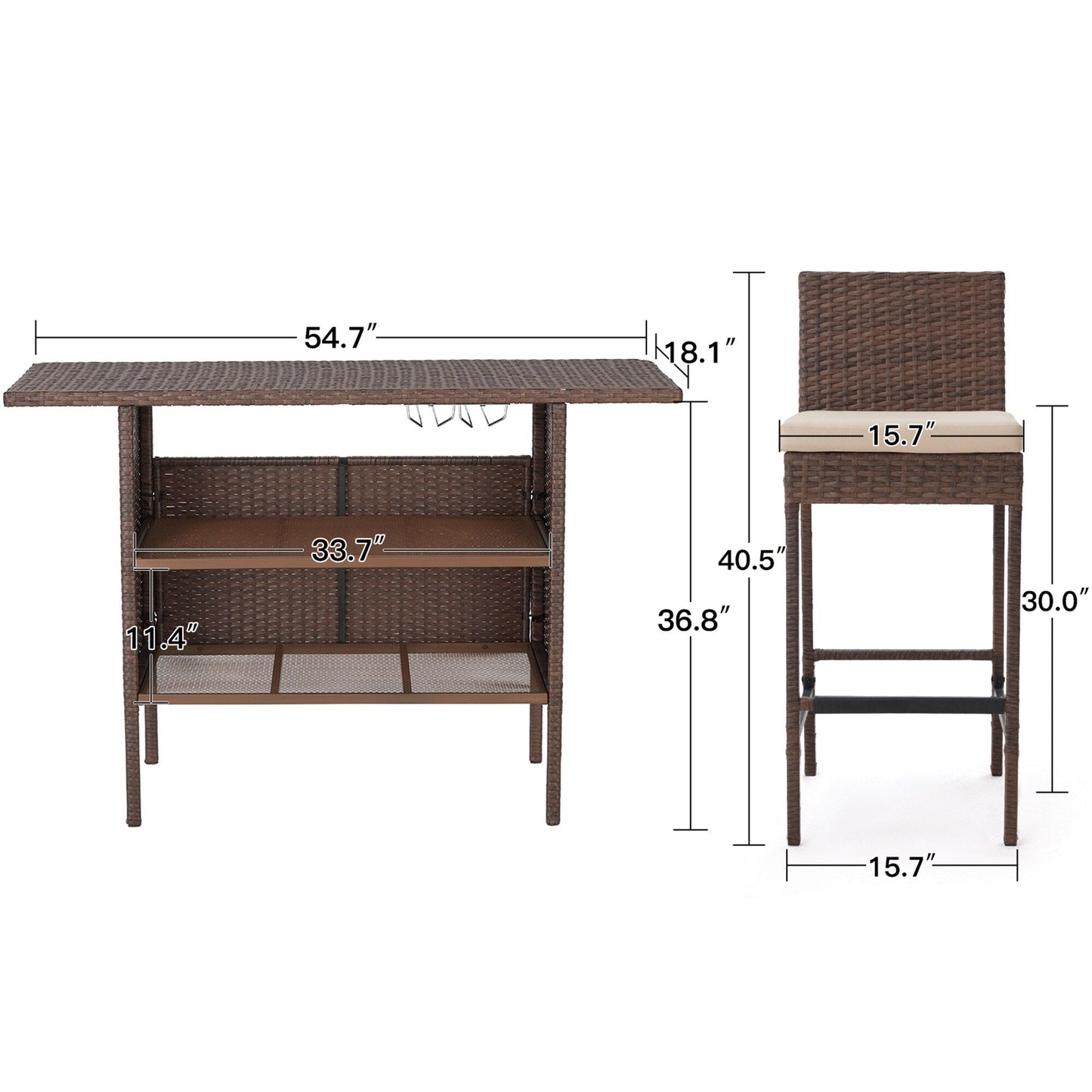 AVAWING 5PCS Set da bar per patio Set da bar per esterni in rattan con cuscino rimovibile