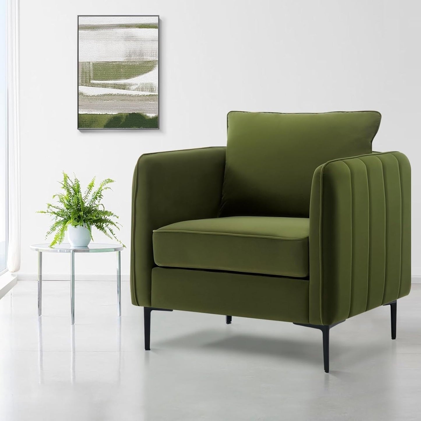 Poltrona decorativa per soggiorno, poltrona singola in velluto, comoda, moderna di metà secolo, con 1 cuscino e gambe in metallo.