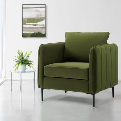 Poltrona decorativa per soggiorno, poltrona singola in velluto, comoda, moderna di metà secolo, con 1 cuscino e gambe in metallo.