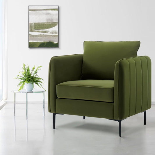 Poltrona decorativa per soggiorno, poltrona singola in velluto, comoda, moderna di metà secolo, con 1 cuscino e gambe in metallo.