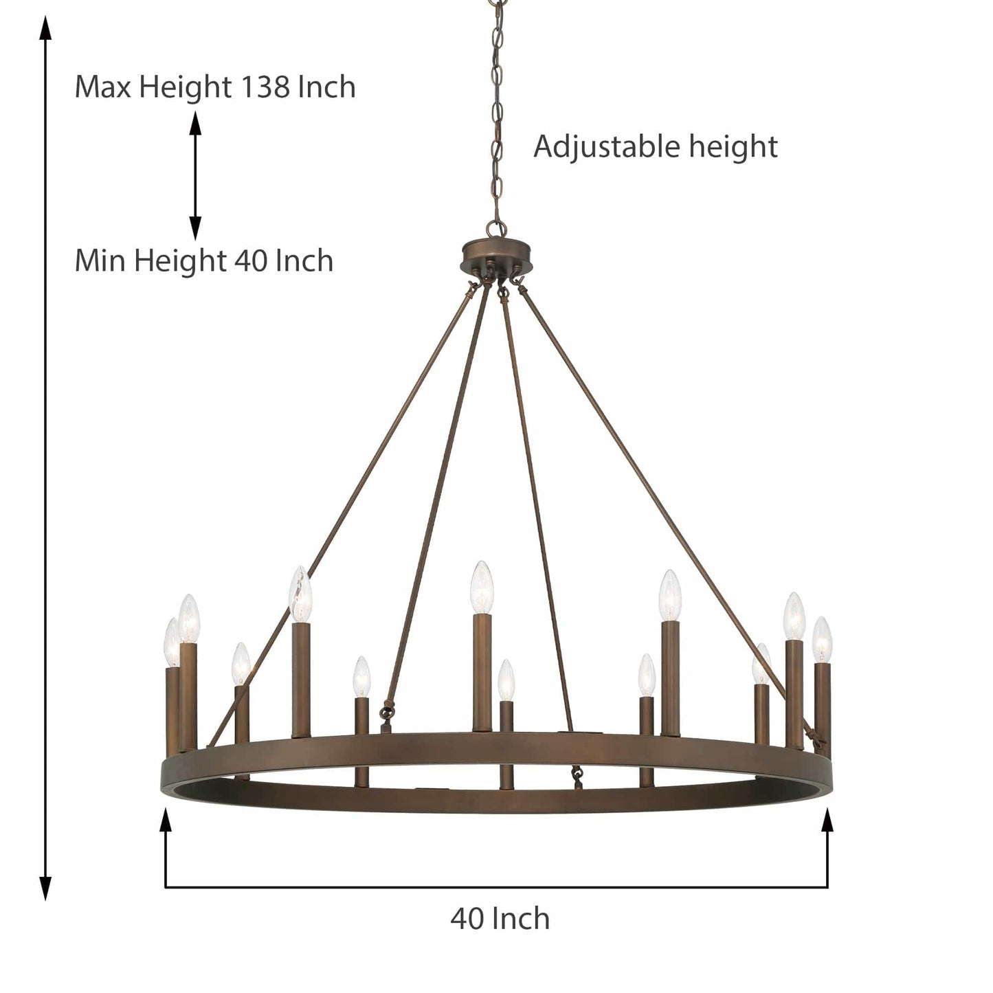 Lampadario a ruota di carro Acroma Farmhouse da 12 luci, 40 pollici, con UL - 40'' P x 138'' H