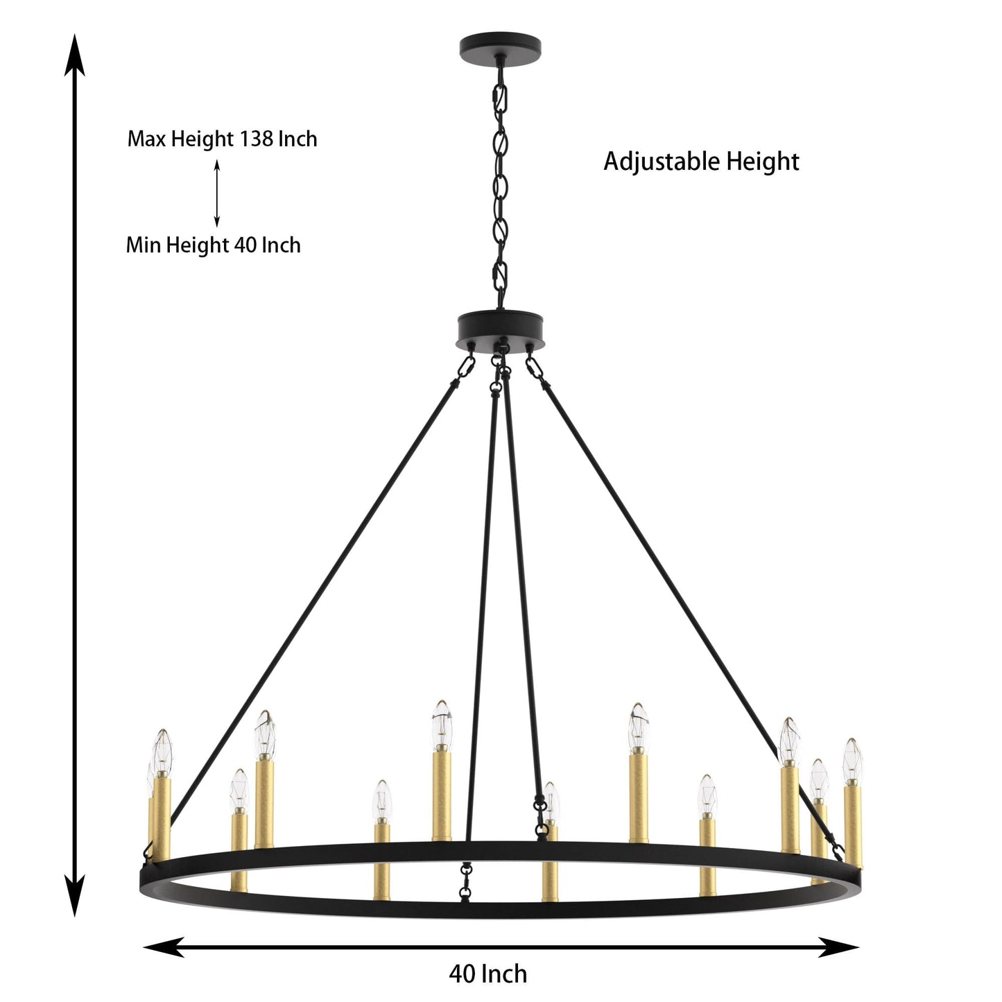 Lampadario a ruota di carro Acroma Farmhouse da 12 luci, 40 pollici, con UL - 40'' P x 138'' H