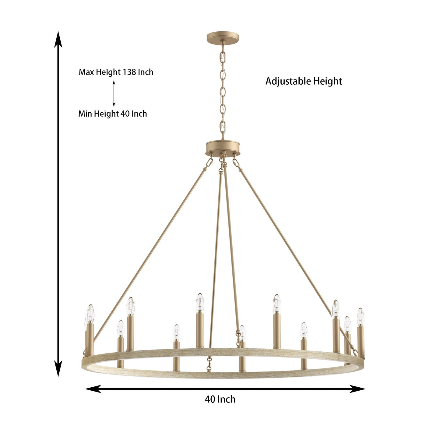 Lampadario a ruota di carro Acroma Farmhouse da 12 luci, 40 pollici, con UL - 40'' P x 138'' H