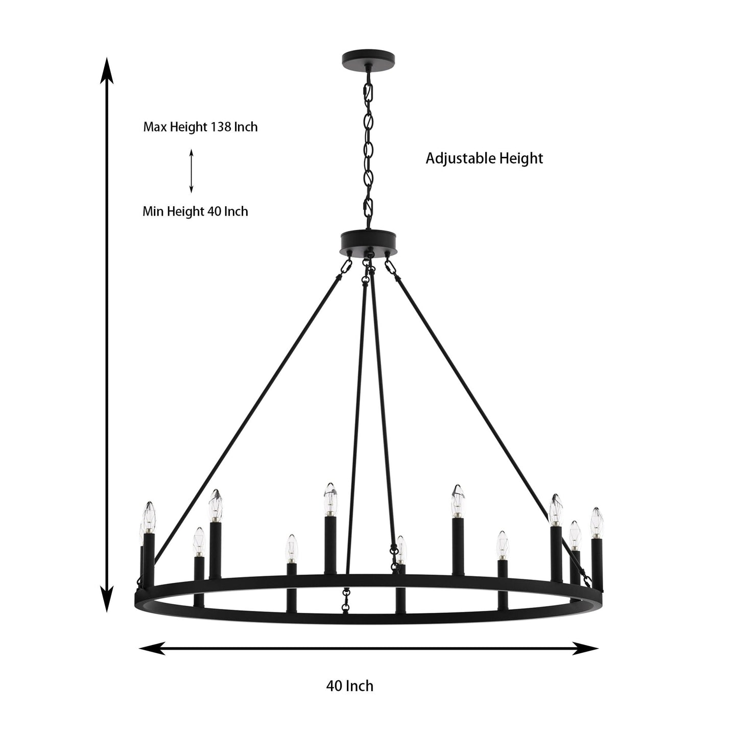 Lampadario a ruota di carro Acroma Farmhouse da 12 luci, 40 pollici, con UL - 40'' P x 138'' H