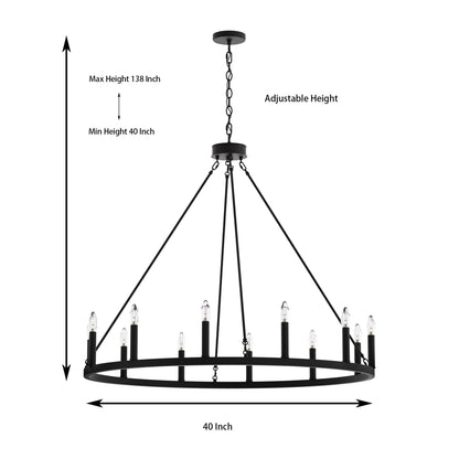 Lampadario a ruota di carro Acroma Farmhouse da 12 luci, 40 pollici, con UL - 40'' P x 138'' H