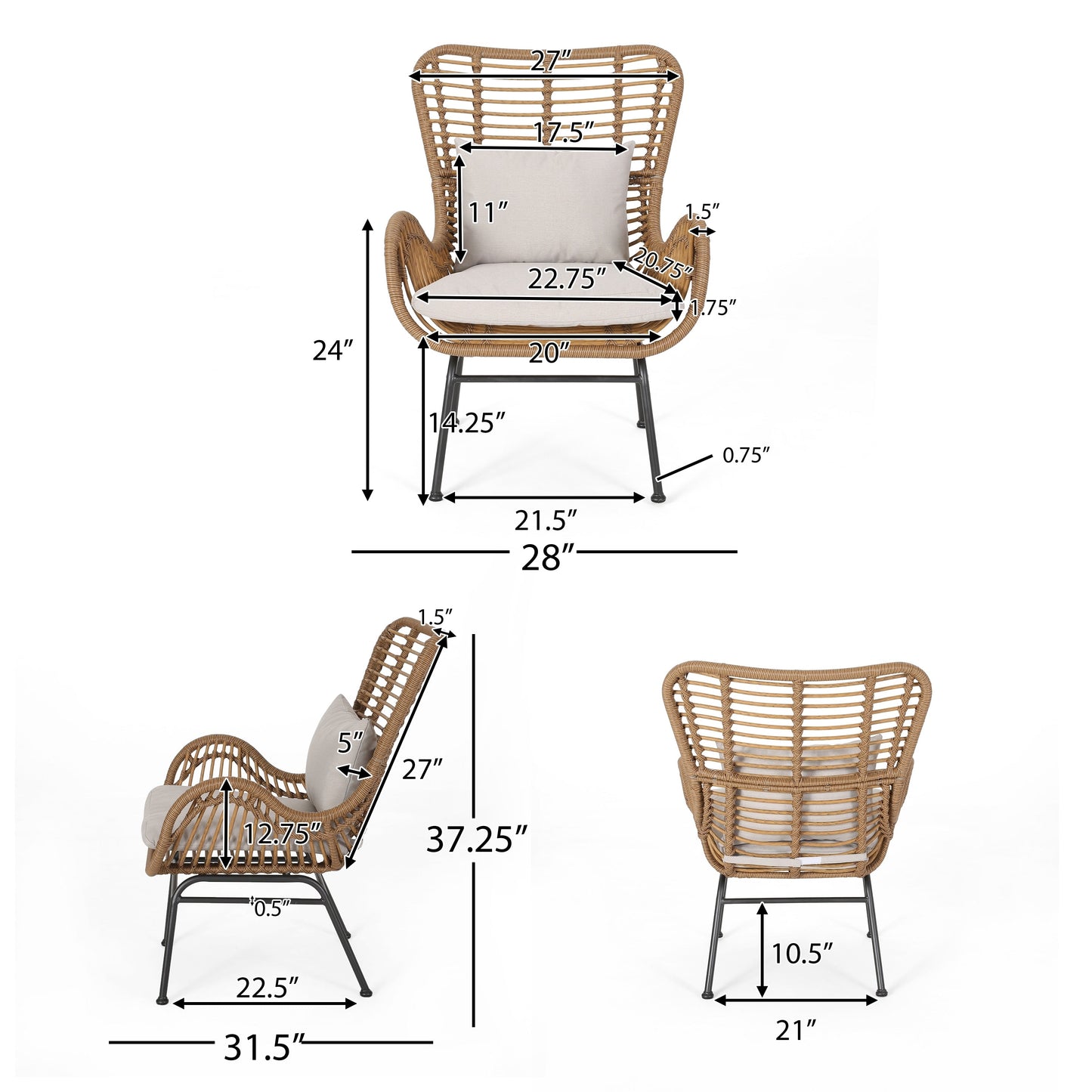 Set da esterno Acuna da 3 pezzi in vimini con cuscini di Christopher Knight Home
