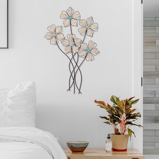 Decorazione da parete in metallo Adeco, sculture da appendere alla parete con 5 fiori