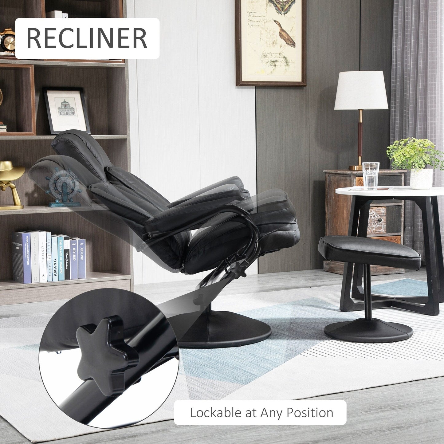 Poltrona reclinabile girevole regolabile manuale con rivestimento in similpelle e poggiapiedi per soggiorno, ufficio o camera da letto