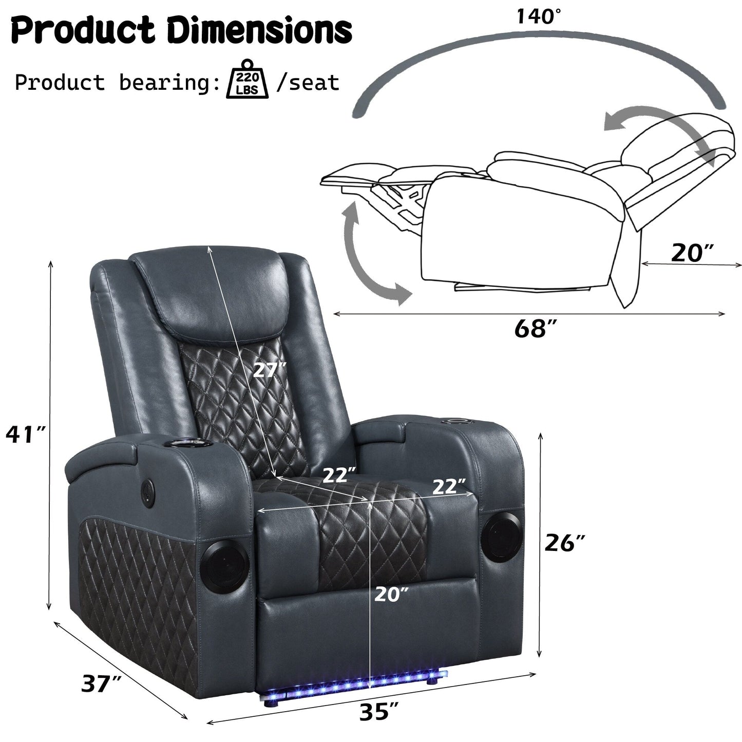 Poltrona reclinabile Aire Power Motion in pelle blu e nera Alair con Bluetooth, caricabatterie wireless e portabicchieri