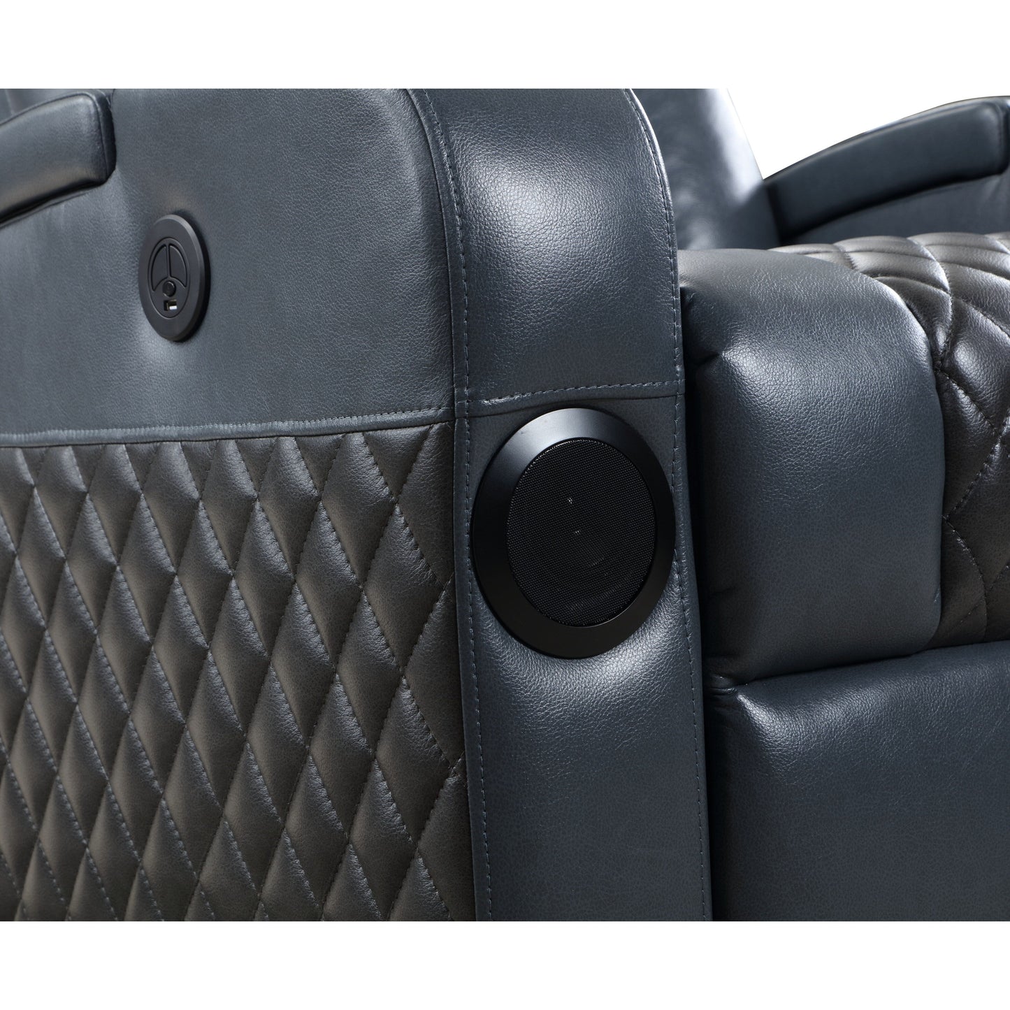 Poltrona reclinabile Aire Power Motion in pelle blu e nera Alair con Bluetooth, caricabatterie wireless e portabicchieri