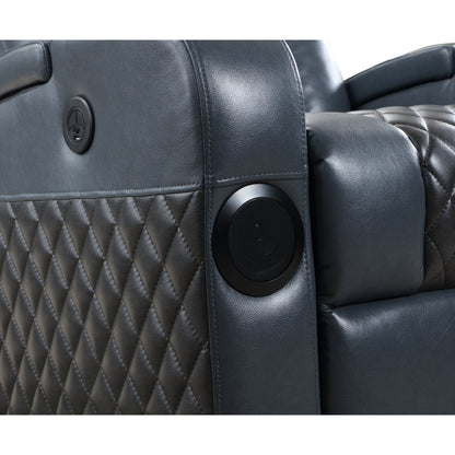 Poltrona reclinabile Aire Power Motion in pelle blu e nera Alair con Bluetooth, caricabatterie wireless e portabicchieri