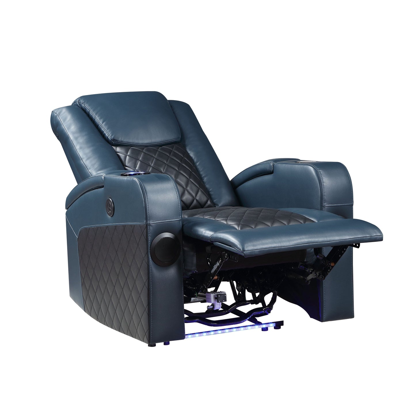 Poltrona reclinabile Aire Power Motion in pelle blu e nera Alair con Bluetooth, caricabatterie wireless e portabicchieri