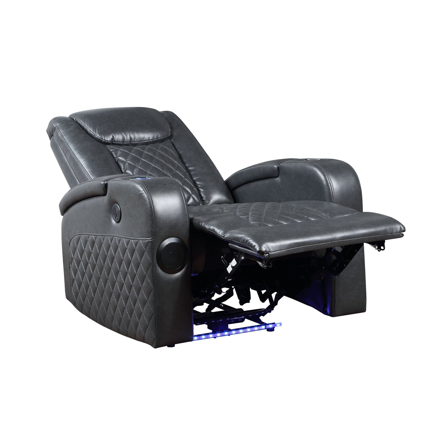 Poltrona reclinabile elettrica Alair Aire in pelle grigio scuro con Bluetooth e caricabatterie wireless, portabicchieri
