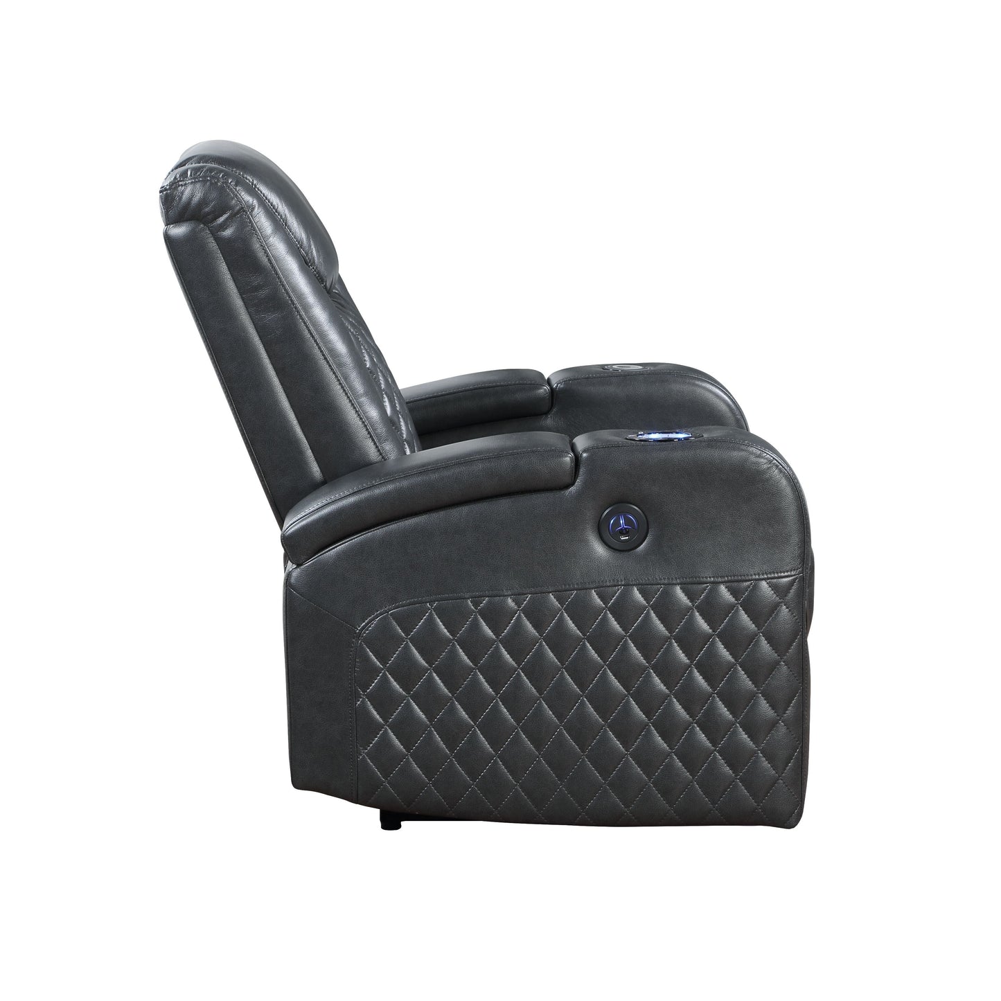 Poltrona reclinabile elettrica Alair Aire in pelle grigio scuro con Bluetooth e caricabatterie wireless, portabicchieri