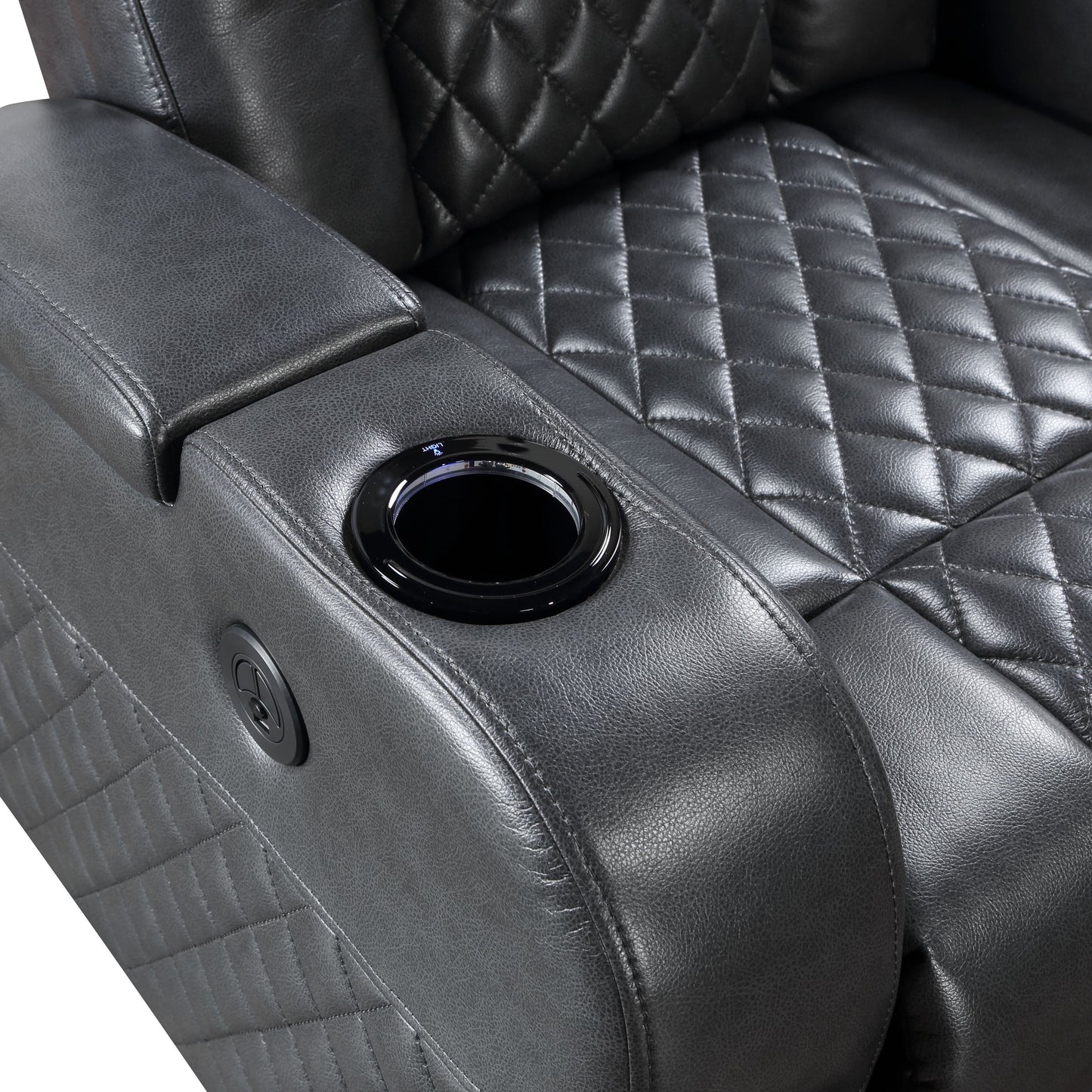 Poltrona reclinabile elettrica Alair Aire in pelle grigio scuro con Bluetooth e caricabatterie wireless, portabicchieri