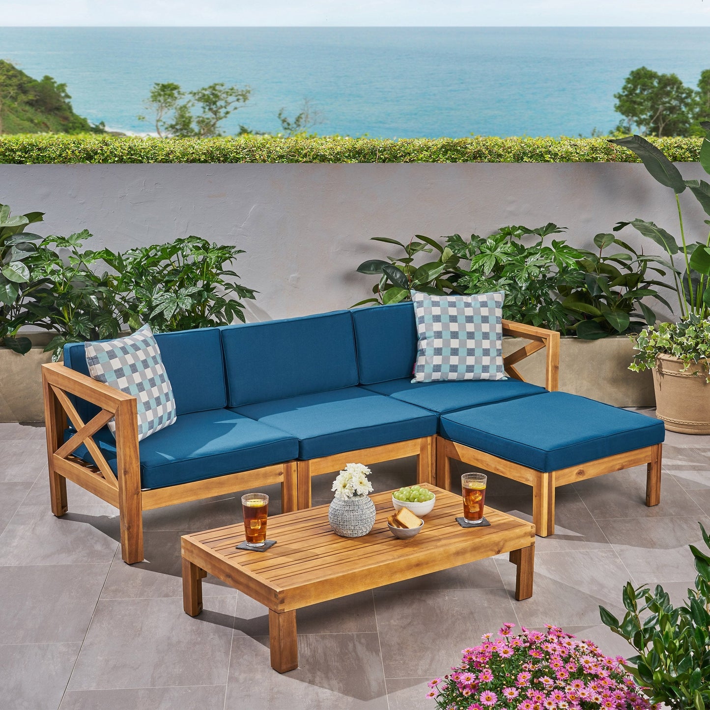 Set di divani da esterno Alcove in legno di acacia da 5 pezzi di Christopher Knight Home