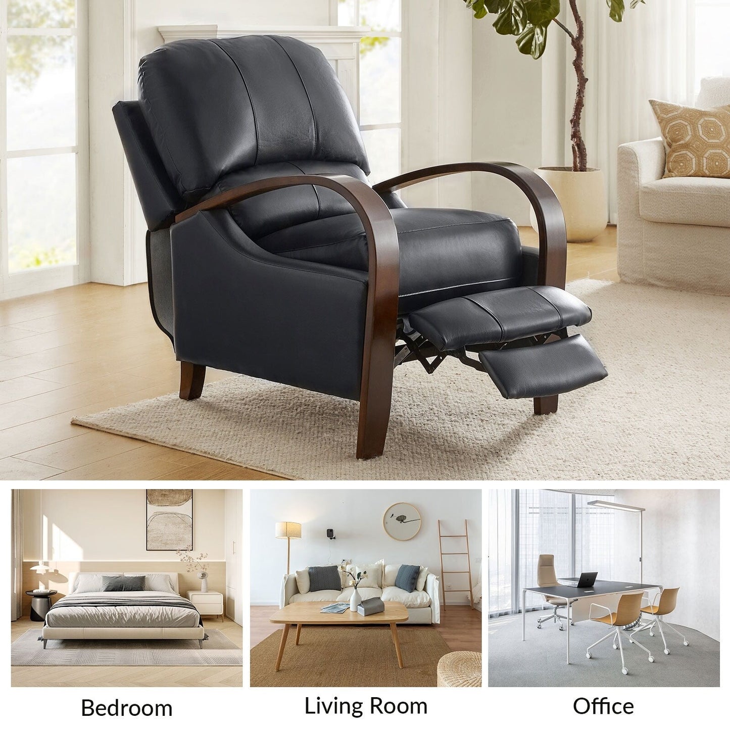 Poltrona reclinabile manuale Alex Mid-Century Modern in vera pelle con braccioli curvi in ​​legno, set da 2