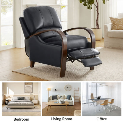 Poltrona reclinabile manuale Alex Mid-Century Modern in vera pelle con braccioli curvi in ​​legno, set da 2