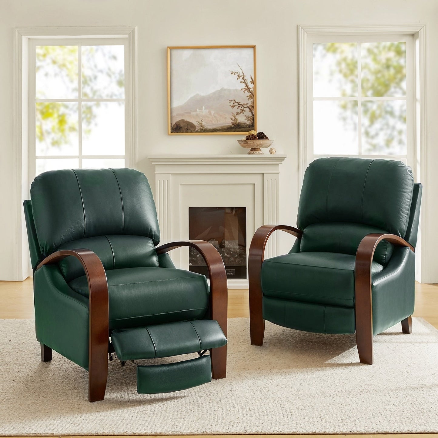 Poltrona reclinabile manuale Alex Mid-Century Modern in vera pelle con braccioli curvi in ​​legno, set da 2