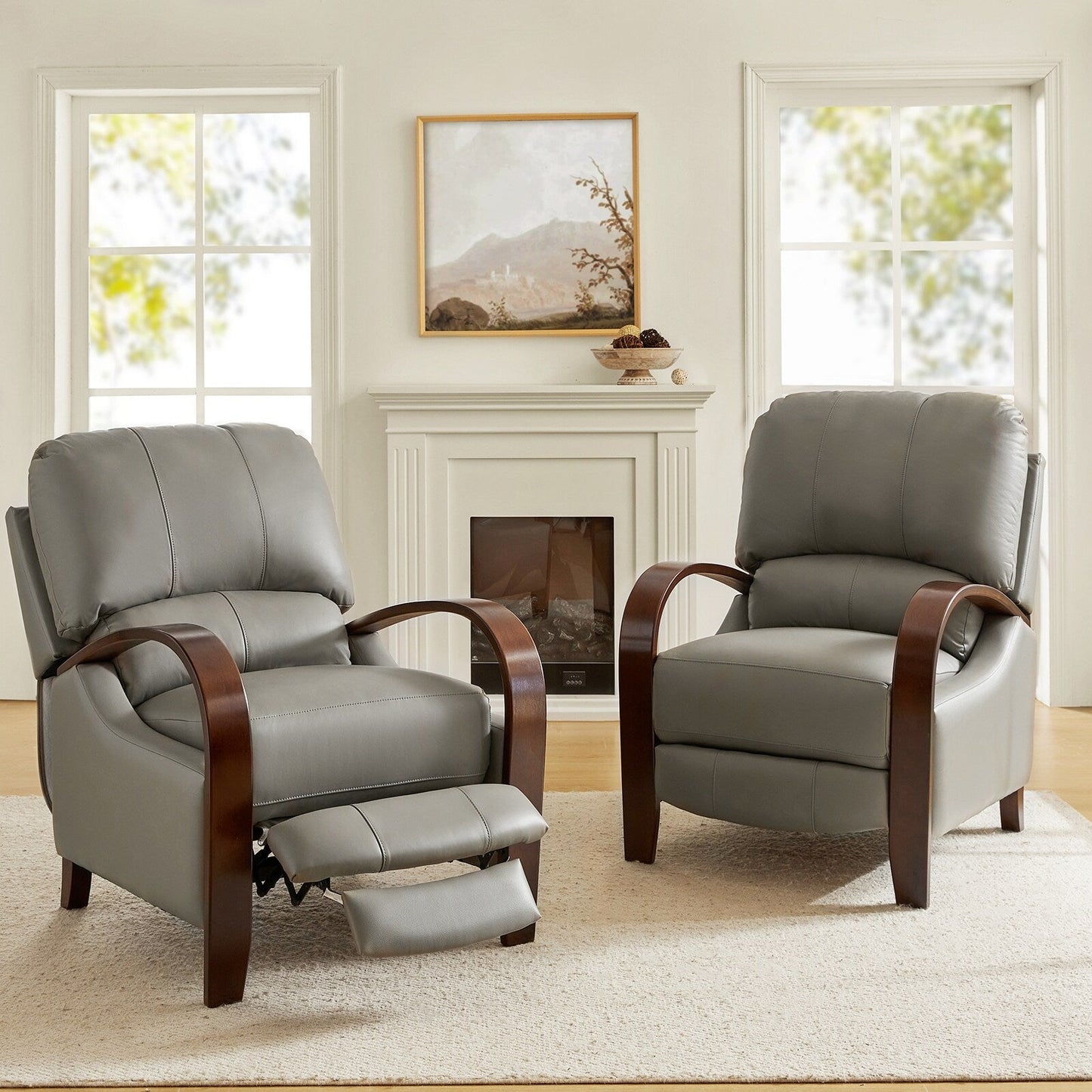 Poltrona reclinabile manuale Alex Mid-Century Modern in vera pelle con braccioli curvi in ​​legno, set da 2