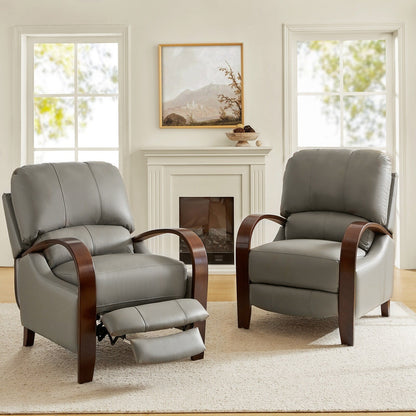 Poltrona reclinabile manuale Alex Mid-Century Modern in vera pelle con braccioli curvi in ​​legno, set da 2