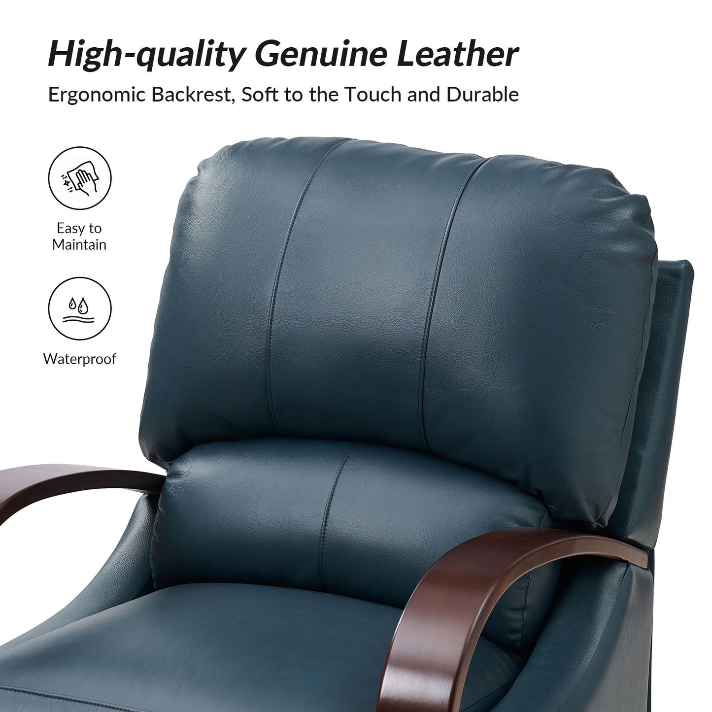 Poltrona reclinabile manuale Alex Mid-Century Modern in vera pelle con braccioli curvi in ​​legno, set da 2