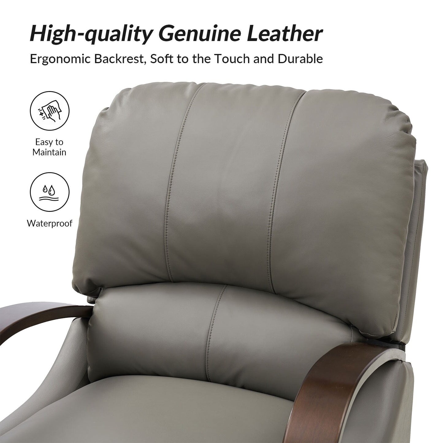 Poltrona reclinabile manuale Alex Mid-Century Modern in vera pelle con braccioli curvi in ​​legno, set da 2