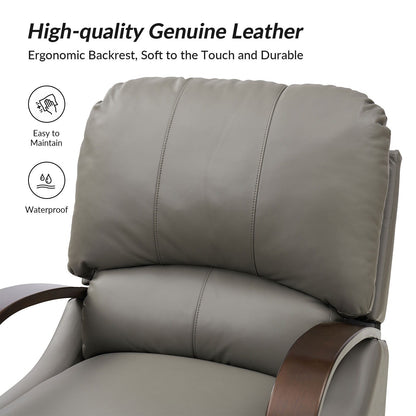 Poltrona reclinabile manuale Alex Mid-Century Modern in vera pelle con braccioli curvi in ​​legno, set da 2