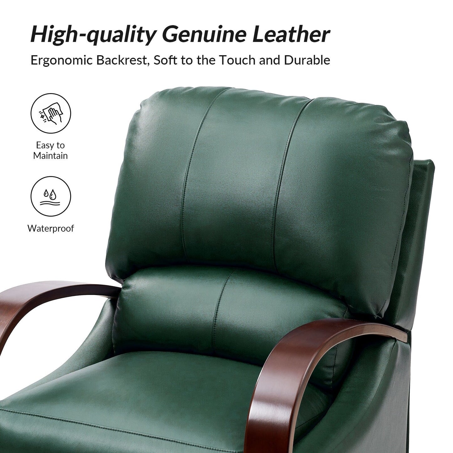 Poltrona reclinabile manuale Alex Mid-Century Modern in vera pelle con braccioli curvi in ​​legno, set da 2