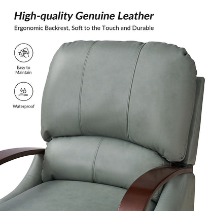 Poltrona reclinabile manuale Alex Mid-Century Modern in vera pelle con braccioli curvi in ​​legno, set da 2