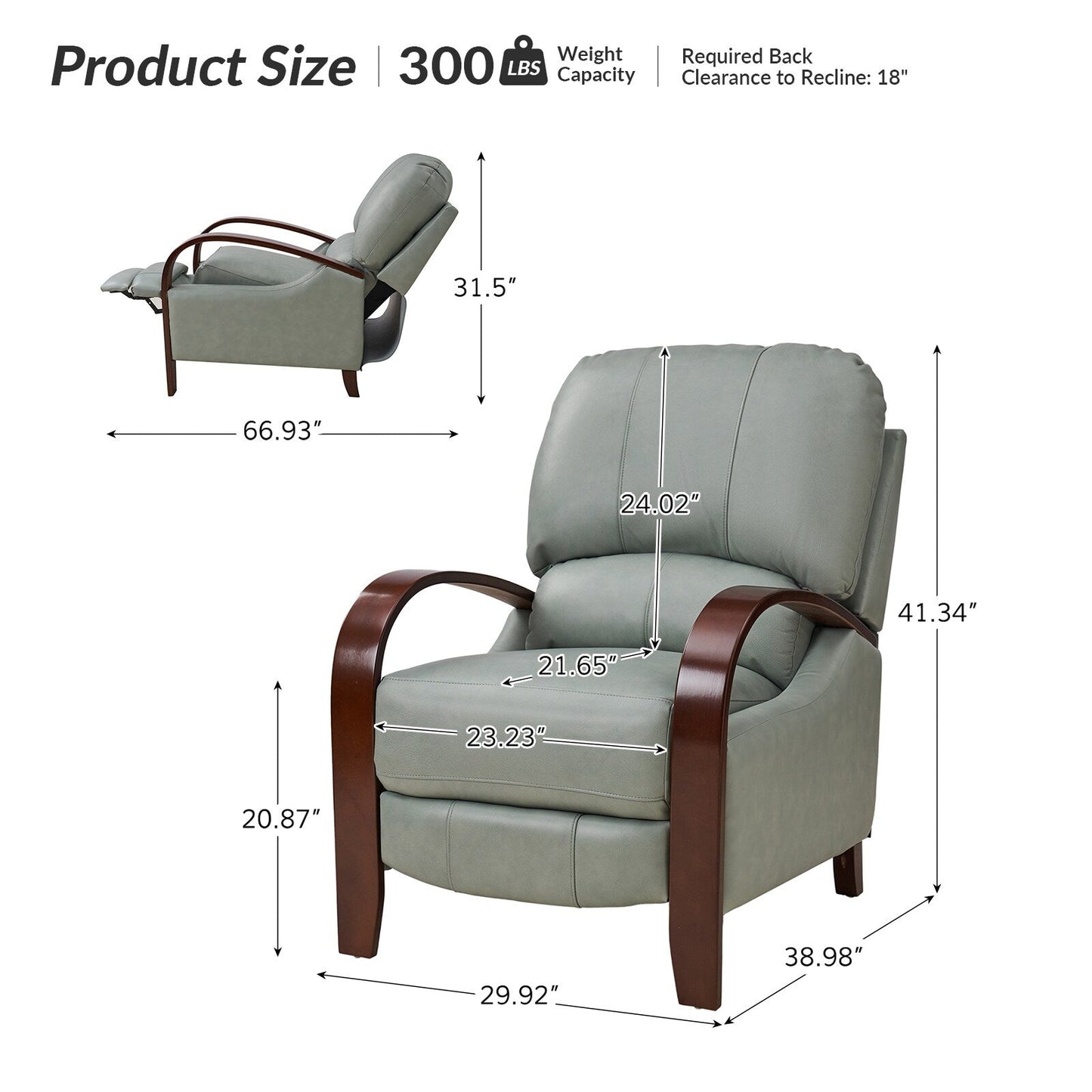 Poltrona reclinabile manuale Alex Mid-Century Modern in vera pelle con braccioli curvi in ​​legno, set da 2