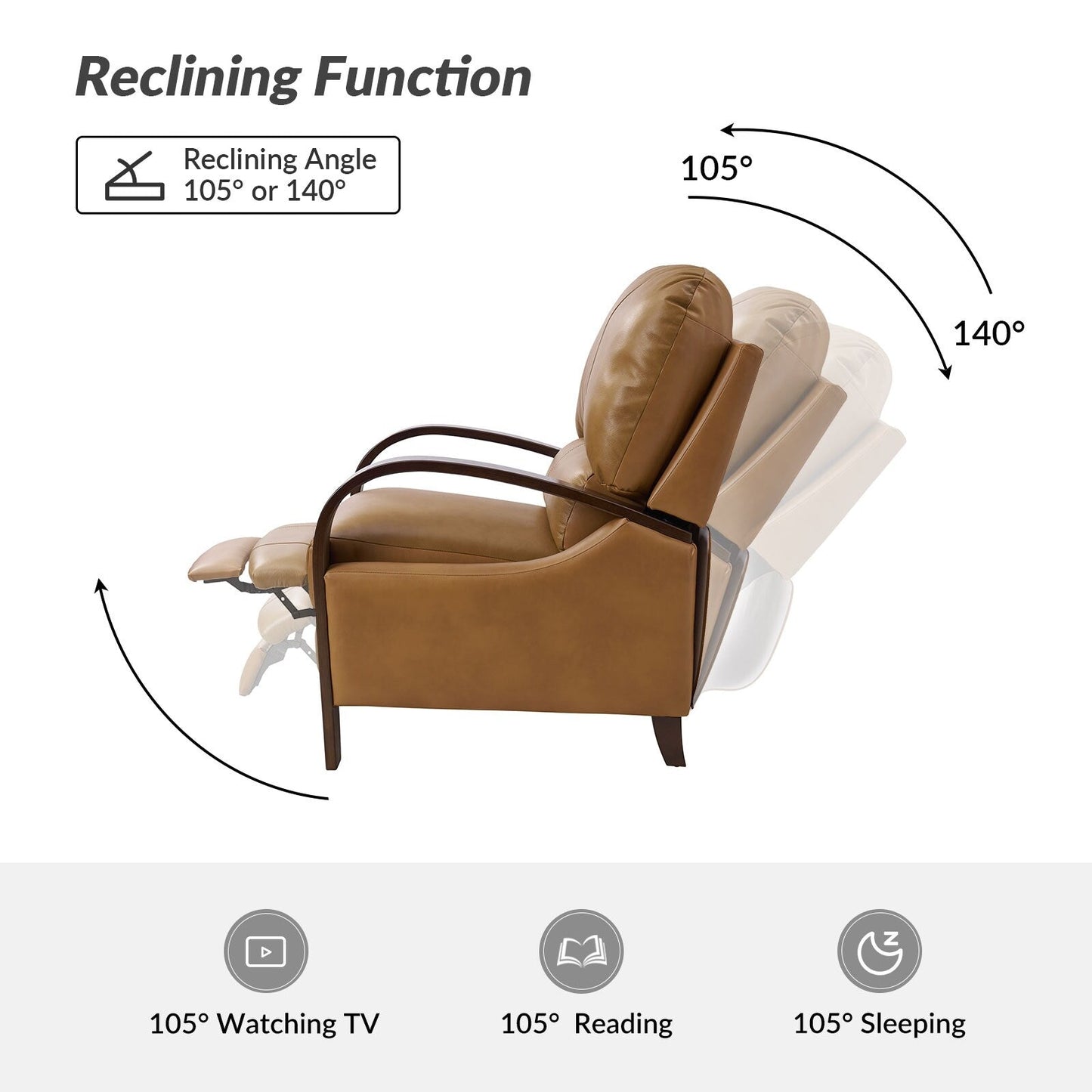 Poltrona reclinabile manuale Alex Mid-Century Modern in vera pelle con braccioli curvi in ​​legno, set da 2