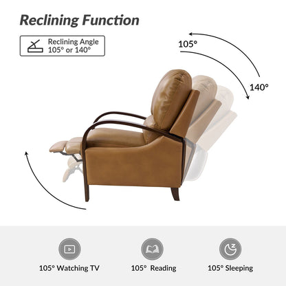 Poltrona reclinabile manuale Alex Mid-Century Modern in vera pelle con braccioli curvi in ​​legno, set da 2